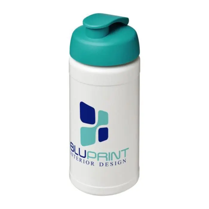 Branded Baseline Plus Flip Lid Bottle 500ml in white with aqua lid and printed logo