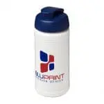 Promotional Baseline Plus Flip Lid Bottle 500ml in white with blue lid and printed logo