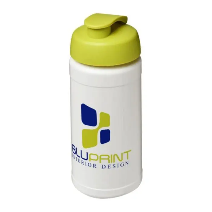 Branded Baseline Plus Flip Lid Bottle 500ml in white with light green lid and printed logo