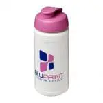 Promotional Baseline Plus Flip Lid Bottle 500ml in white with pink lid and printed logo