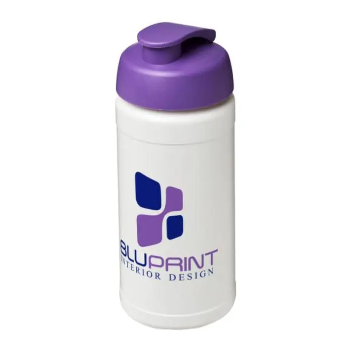 Printed Baseline Plus Flip Lid Bottle 500ml in white with purple lid and printed logo