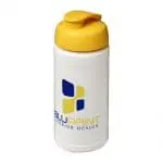 Branded Baseline Plus Flip Lid Bottle 500ml in white with yellow lid and printed logo