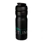 Branded Baseline Plus Flip Lid Sports Bottle 650ml in black with black lid and printed logo