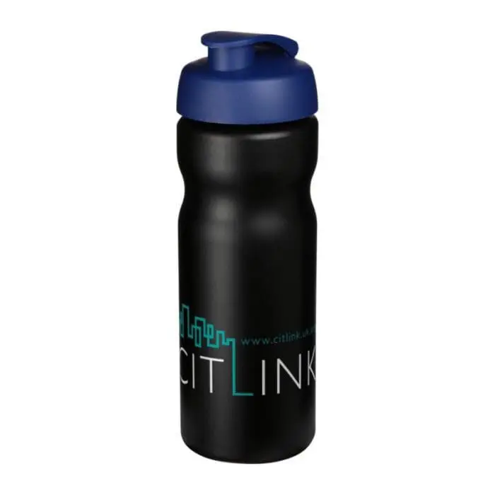 Personalised Baseline Plus Flip Lid Sports Bottle 650ml in black with blue lid and printed logo