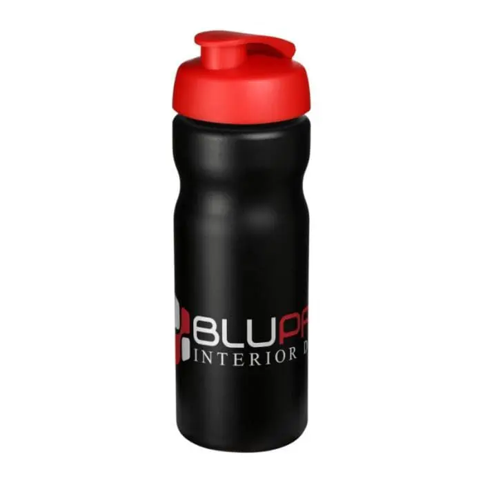 Branded Baseline Plus Flip Lid Sports Bottle 650ml in black with red lid and printed logo