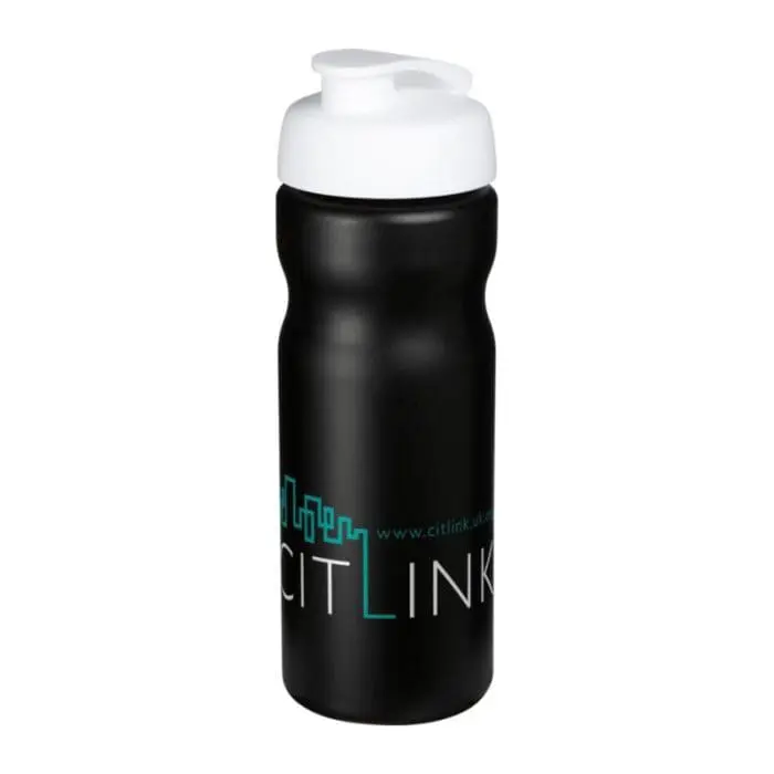 Branded Baseline Plus Flip Lid Sports Bottle 650ml in black with white lid and printed logo