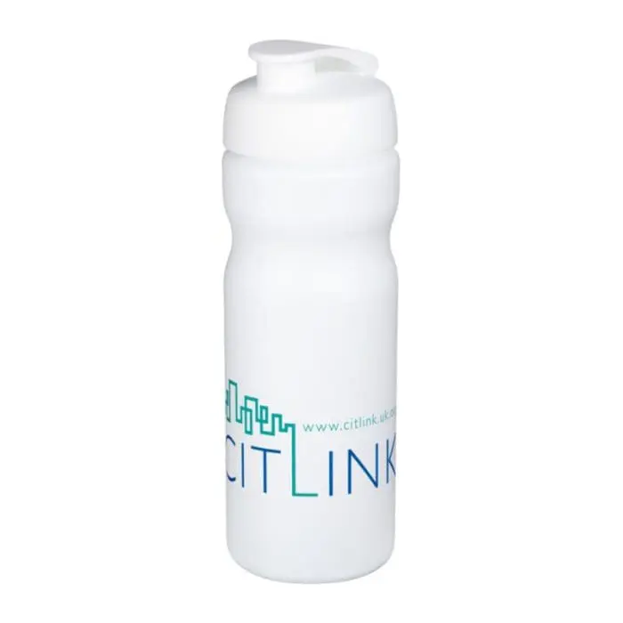 Printed Baseline Plus Flip Lid Sports Bottle 650ml in white with white lid and printed logo