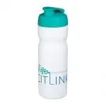 Branded Baseline Plus Flip Lid Sports Bottle 650ml in white with aqua lid and printed logo