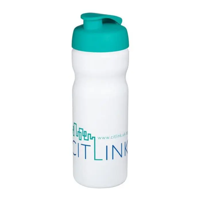 Branded Baseline Plus Flip Lid Sports Bottle 650ml in white with aqua lid and printed logo