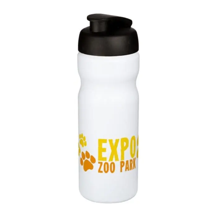 Promotional Baseline Plus Flip Lid Sports Bottle 650ml in white with black lid and printed logo