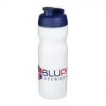 Promotional Baseline Plus Flip Lid Sports Bottle 650ml in white with blue lid and printed logo