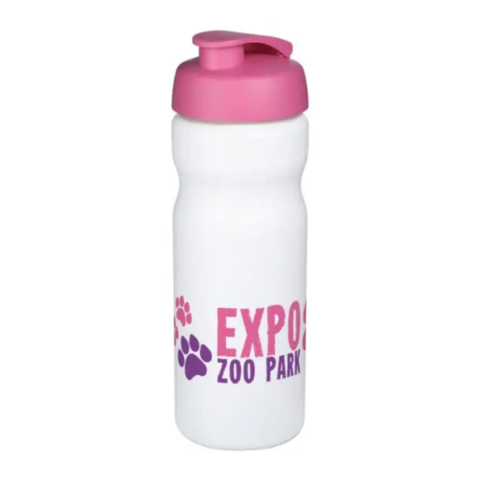 Promotional Baseline Plus Flip Lid Sports Bottle 650ml in white with pink lid and printed logo