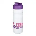 Printed Baseline Plus Flip Lid Sports Bottle 650ml in white with purple lid and printed logo