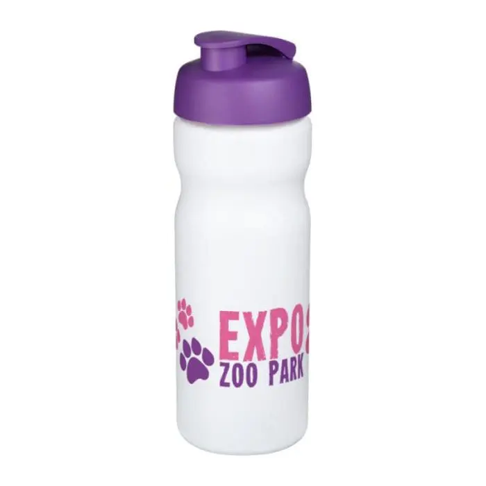 Printed Baseline Plus Flip Lid Sports Bottle 650ml in white with purple lid and printed logo