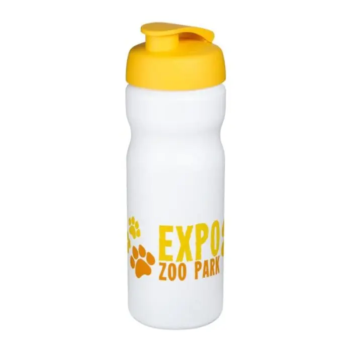 Printed Baseline Plus Flip Lid Sports Bottle 650ml in white with yellow lid and printed logo