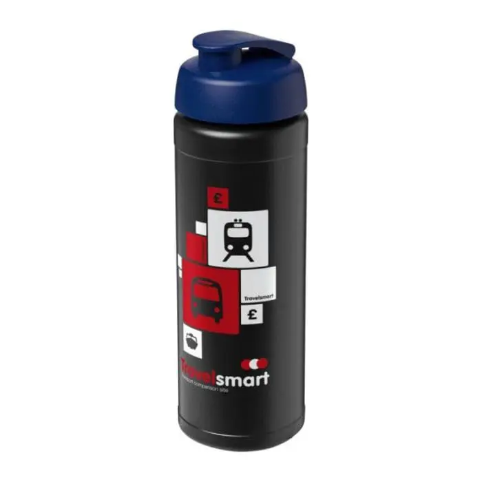 Branded Baseline Plus Flip Lid Sports Bottle 750ml in black with blue lid and printed logo