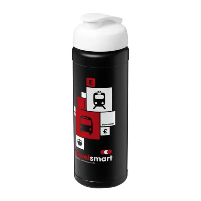 Branded Baseline Plus Flip Lid Sports Bottle 750ml in black with white lid and printed logo