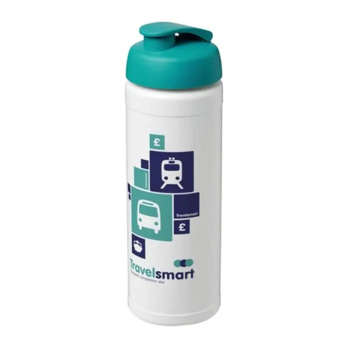 Promotional Baseline Plus Flip Lid Sports Bottle 750ml in white with turquoise lid and printed logo