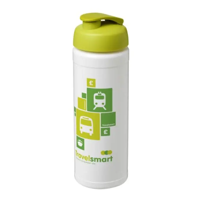 Printed Baseline Plus Flip Lid Sports Bottle 750ml in white with light green lid and printed logo