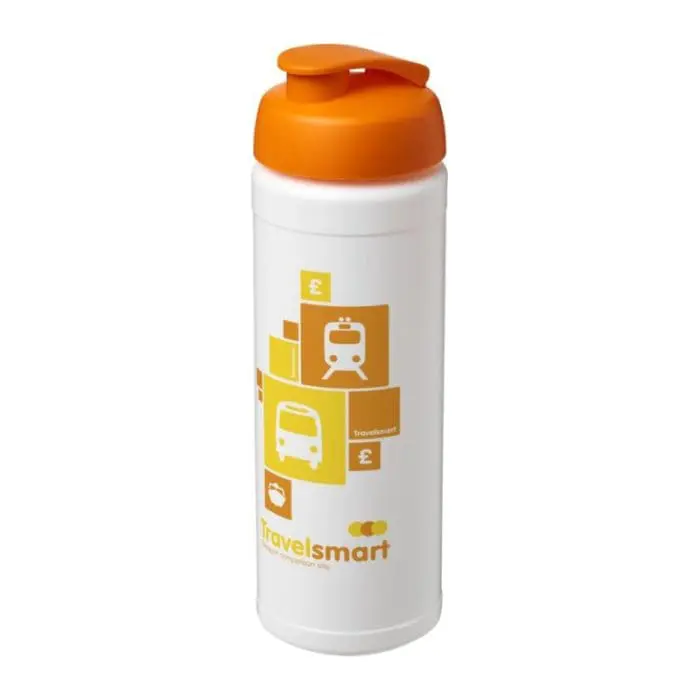 Printed Baseline Plus Flip Lid Sports Bottle 750ml in white with orange lid and printed logo