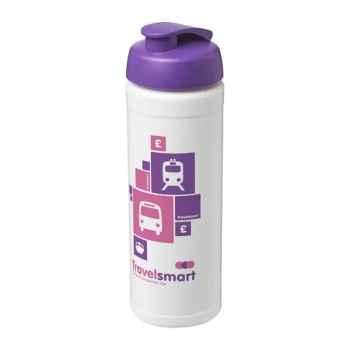 Printed Baseline Plus Flip Lid Sports Bottle 750ml in white with purple lid and printed logo