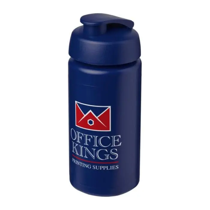 Branded Baseline Plus Grip Flip Lid Bottle 500ml in blue with blue lid and printed logo