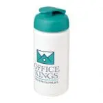 Personalised Baseline Plus Grip Flip Lid Bottle 500ml in white with aqua lid and printed logo