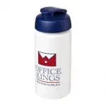 Branded Baseline Plus Grip Flip Lid Bottle 500ml in white with blue lid and printed logo