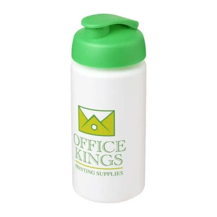 Branded Baseline Plus Grip Flip Lid Bottle 500ml in white with green lid and printed logo