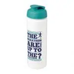 Branded Baseline Plus Grip Flip Lid Bottle 750ml in white with aqua lid and printed logo