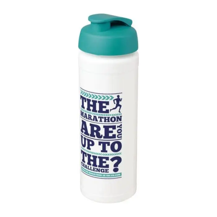 Branded Baseline Plus Grip Flip Lid Bottle 750ml in white with aqua lid and printed logo