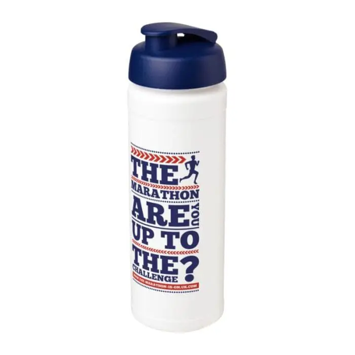 Promotional Baseline Plus Grip Flip Lid Bottle 750ml in white with blue lid and printed logo