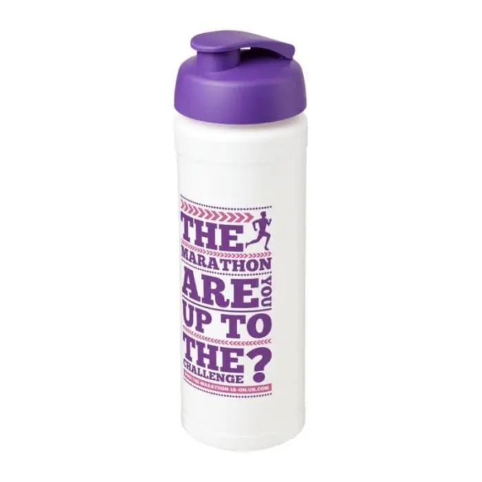 Printed Baseline Plus Grip Flip Lid Bottle 750ml in white with purple lid and printed logo