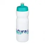 Promotional Baseline Plus Grip Push/Pull Bottle 650ml in white with aqua lid and printed logo