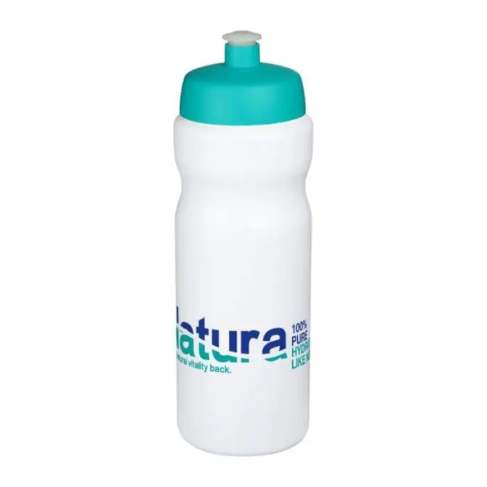 Promotional Baseline Plus Grip Push/Pull Bottle 650ml in white with aqua lid and printed logo