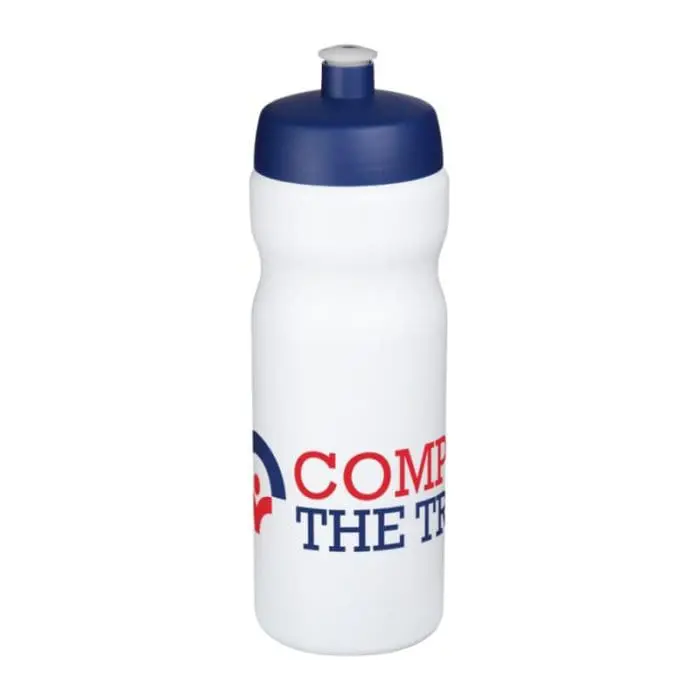 Promotional Baseline Plus Grip Push/Pull Bottle 650ml in white with blue lid and printed logo