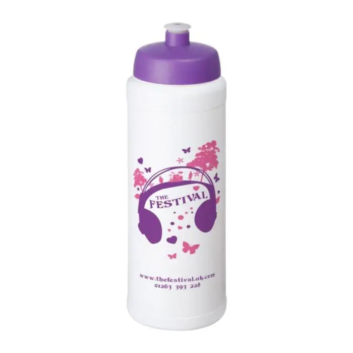 Printed Baseline Plus Grip Push/Pull Bottle 750ml in white with purple lid and printed logo