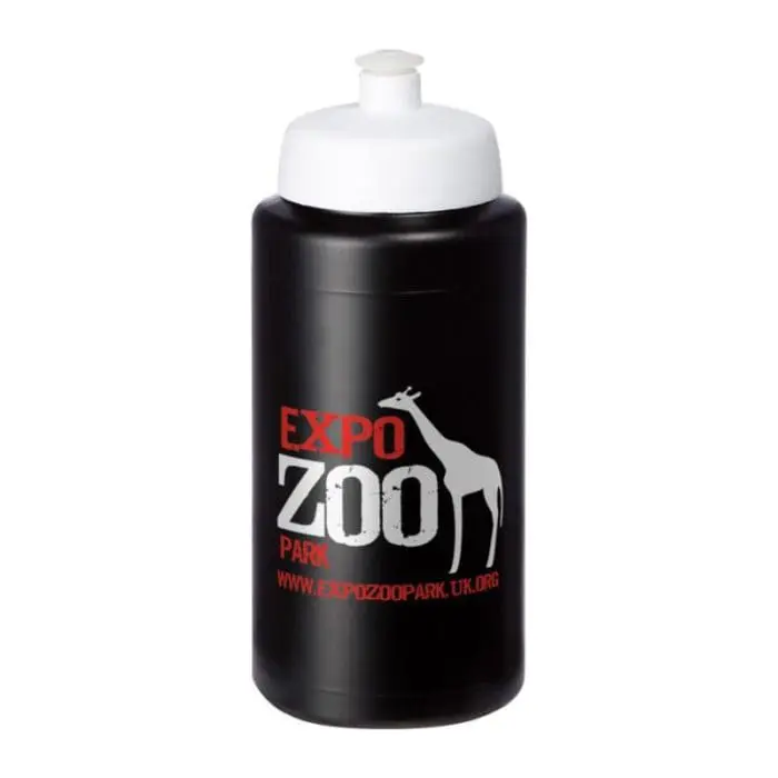 Personalised Baseline Plus Grip Push/Pull Lid Bottle 500ml in black with white lid and printed logo