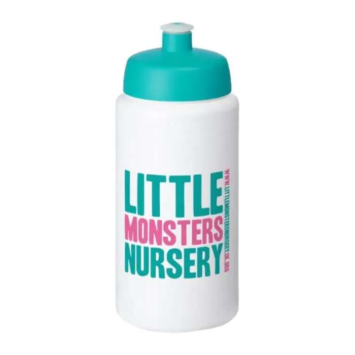 Printed Baseline Plus Grip Push/Pull Lid Bottle 500ml in white with aqua lid and printed logo