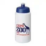 Branded Baseline Plus Grip Push/Pull Lid Bottle 500ml in white with blue lid and printed logo