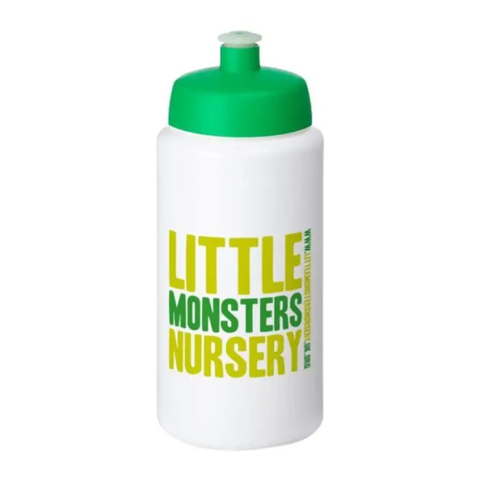 Branded Baseline Plus Grip Push/Pull Lid Bottle 500ml in white with green lid and printed logo