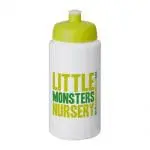 Branded Baseline Plus Grip Push/Pull Lid Bottle 500ml in white with light green lid and printed logo