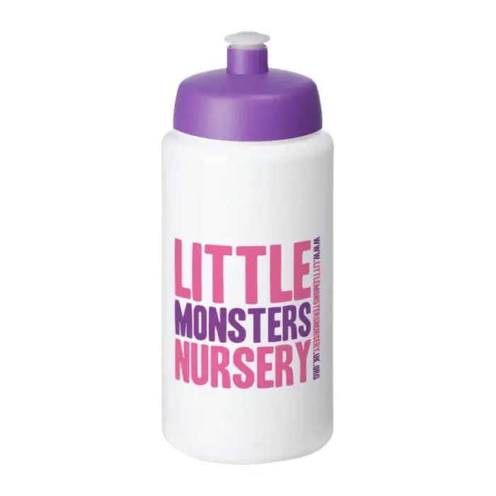 Promotional Baseline Plus Grip Push/Pull Lid Bottle 500ml in white with purple lid and printed logo