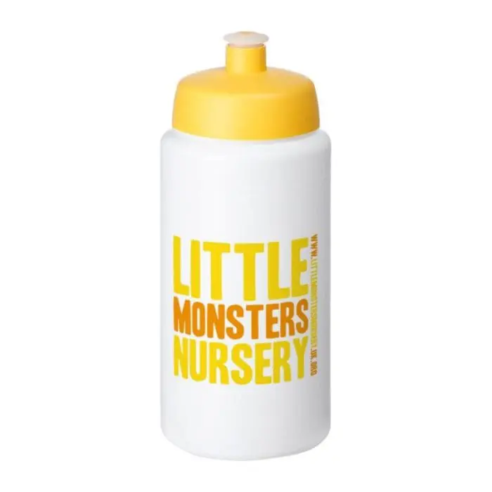 Printed Baseline Plus Grip Push/Pull Lid Bottle 500ml in white with yellow lid and printed logo