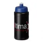 Branded Baseline Plus Push/Pull Lid Bottle 500ml in black with blue lid and printed logo