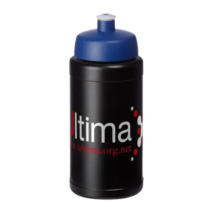 Branded Baseline Plus Push/Pull Lid Bottle 500ml in black with blue lid and printed logo