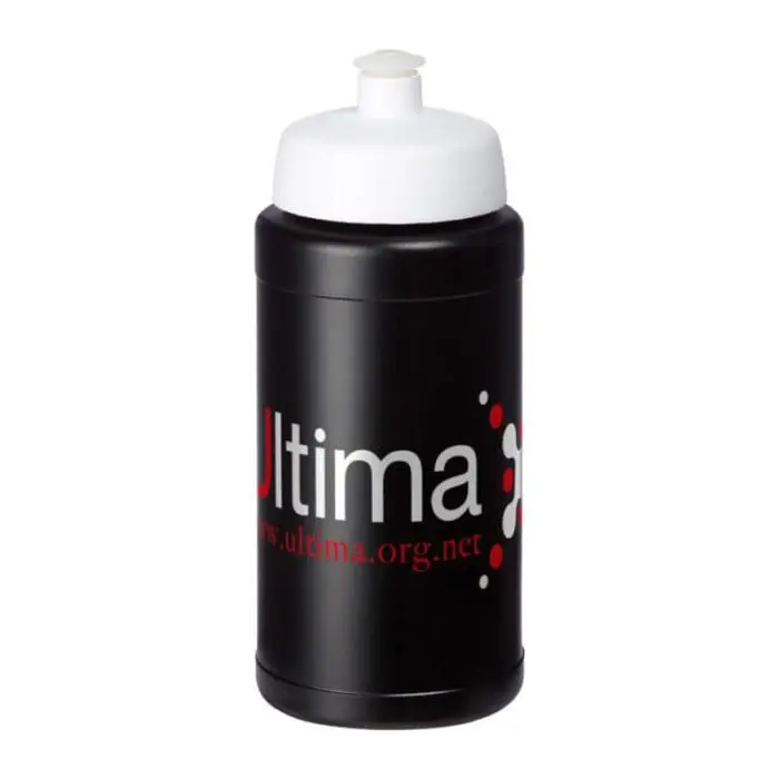 Customised Baseline Plus Push/Pull Lid Bottle 500ml in black with white lid and printed logo