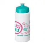 Branded Baseline Plus Push/Pull Lid Bottle 500ml in white with turquoise lid and printed logo