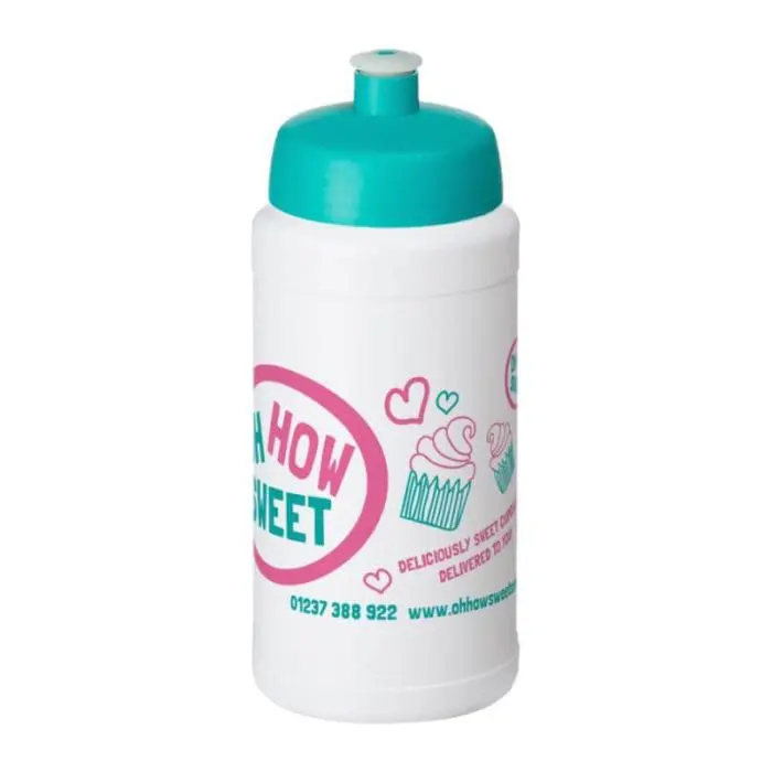 Branded Baseline Plus Push/Pull Lid Bottle 500ml in white with turquoise lid and printed logo