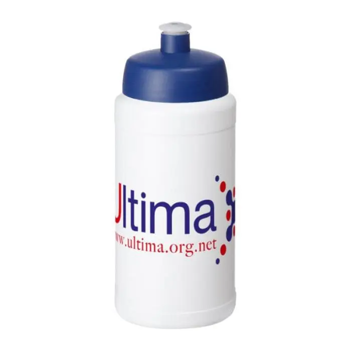 Promotional Baseline Plus Push/Pull Lid Bottle 500ml in white with blue lid and printed logo